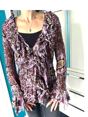 Femininity defined: Blouse paisley multicolored sheer ruffled collar & sleeves